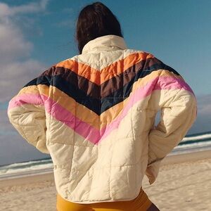 FP Movement by Free People Pippa Chevron Puffer Jacket - Cream, Pink, Orange